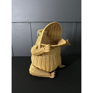Vintage Mid Century Modern FROG Large Wicker Rattan Basket Marble Eyes Toad 18"